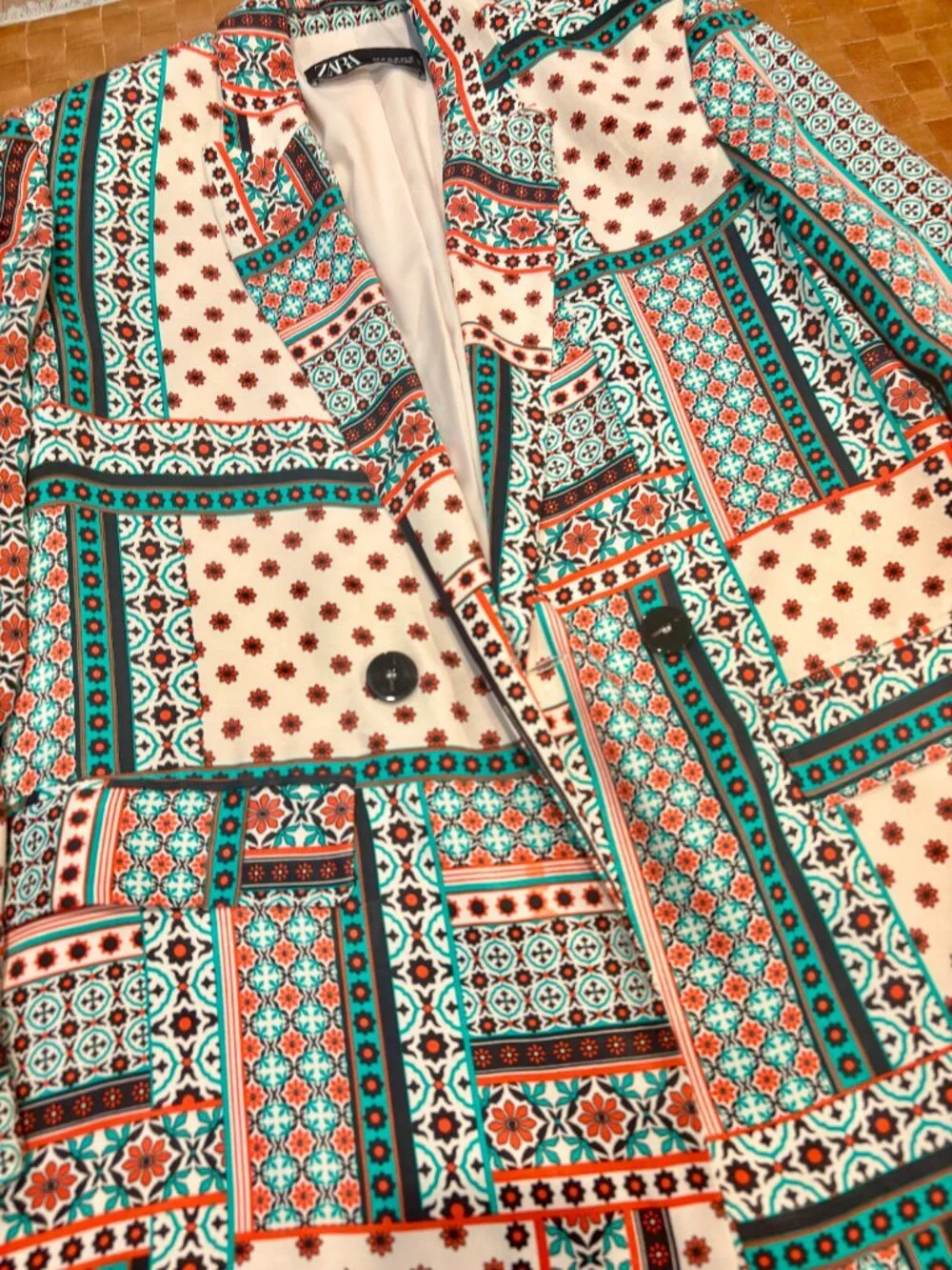 EUC Zara Retro Patchwork Printed Multicolor Satin-Effect Blazer XS